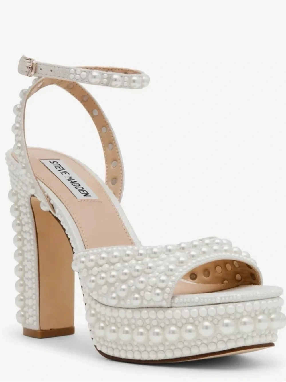 Steve Madden White Pearl-Embellished Platform Sandals